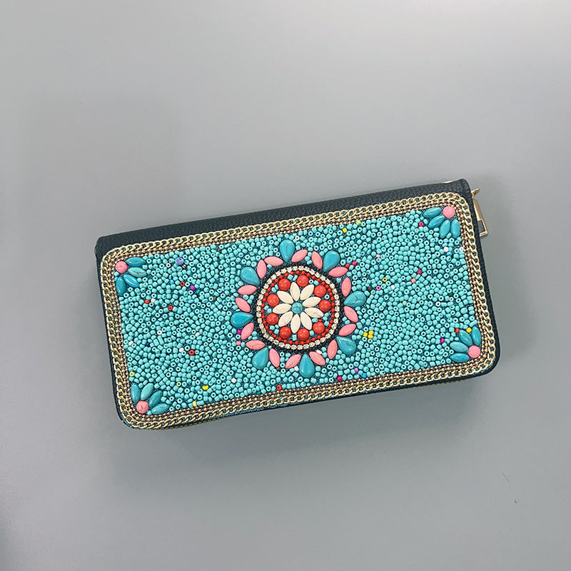 Blue Flowers Ethnic Style Beaded Clutch - Handmade Retro Wallet Style 10