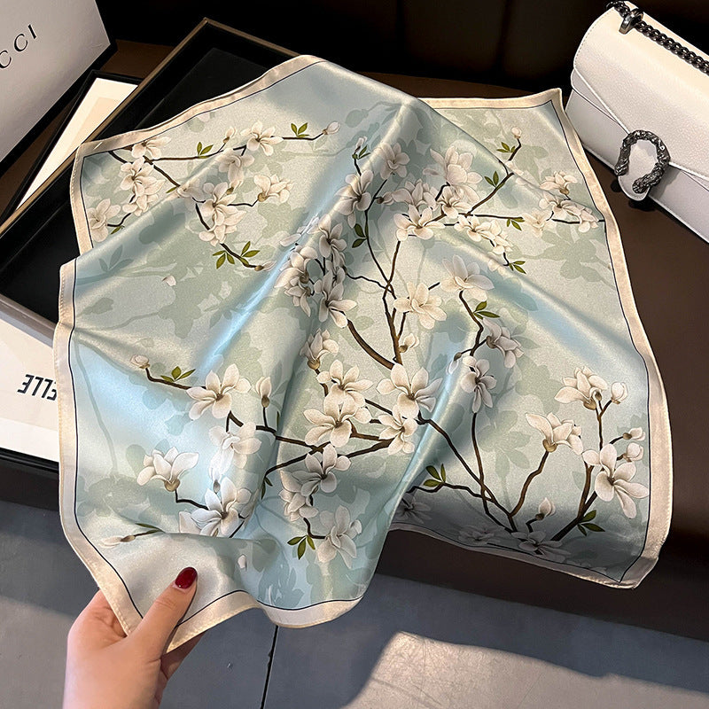 Blue Pure Silk Scarf - Elegant Flower Design, Square Handkerchief (Style 8)