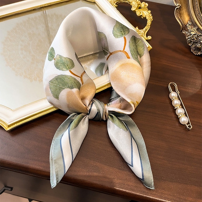 Beige Pure Silk Scarf - Elegant Flower Design, Square Handkerchief (Style 12)