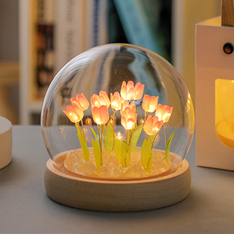 (Thirteen Pink Tulips) Glowing Tulip Dome Lamp -  Wooden Base, Bedside Table Decoration