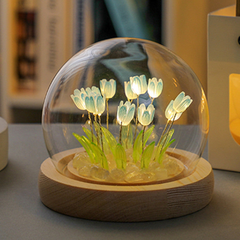 (Twenty Blue Tulips) Glowing Tulip Dome Lamp -  Wooden Base, Bedside Table Decoration