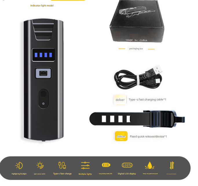 Bike Headlight - Rechargeable LED Bicycle Front Light, 85Â° Floodlight (Battery Display Model)