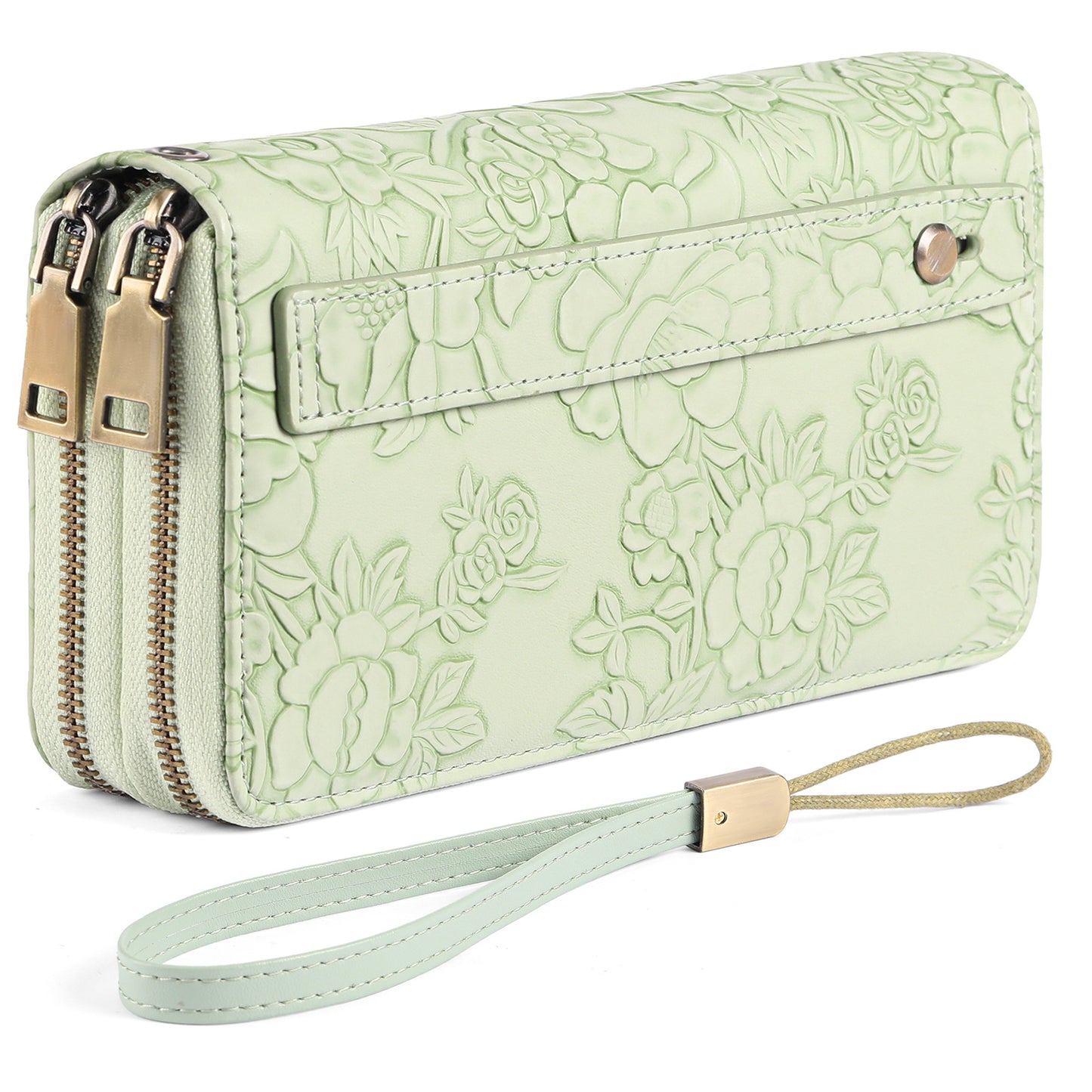 Green Embossed Design Large Capacity Vegan Leather Wallet with Wristlet