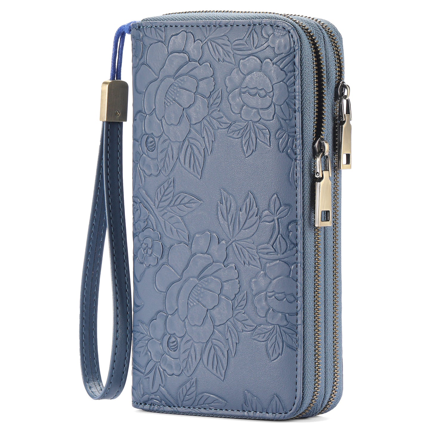 Blue Embossed Design Large Capacity Vegan Leather Wallet with Wristlet