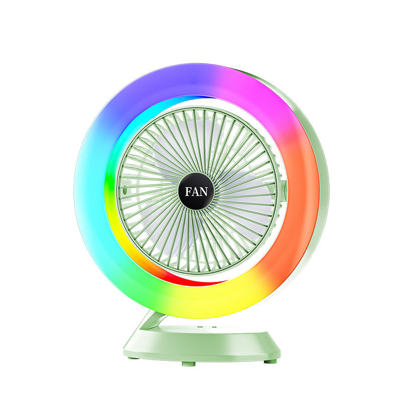 Green RGB Desktop Fan - USB Rechargeable, 3-Speed, 180Â° Adjustable, LED Light