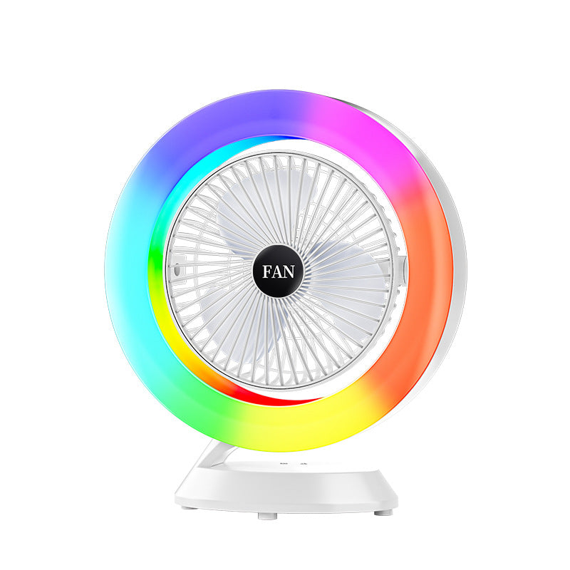 White RGB Desktop Fan - USB Rechargeable, 3-Speed, 180Â° Adjustable, LED Light