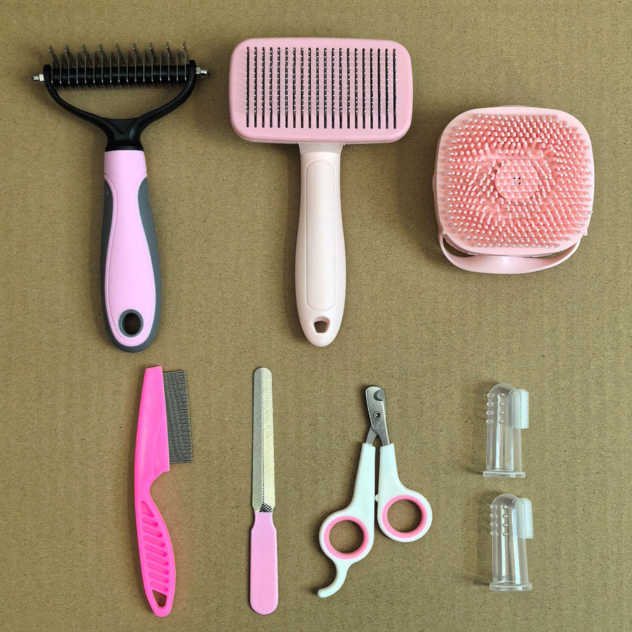 Pink 8-Piece Pet Grooming Tool Set - Brushes, Nail Clippers & More