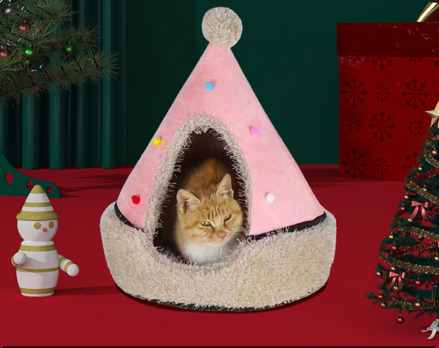 Festive Detachable Pet House - Cozy Pine Needle Wool Christmas Hat Design (S - 37x46cm)