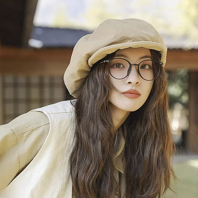 Beige Women's Vintage Style Baker Boy Cap - Soft Cotton Linen Blend