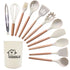 White And Brown 12-Piece Silicone Kitchen Utensil Set - Non-Stick Food-Grade Silicone Cooking Tools with Wooden Handles and Holder