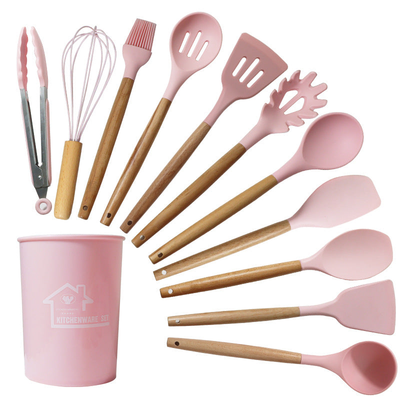 Pink And Brown 12-Piece Silicone Kitchen Utensil Set - Non-Stick Food-Grade Silicone Cooking Tools with Wooden Handles and Holder