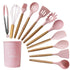 Pink And Brown 12-Piece Silicone Kitchen Utensil Set - Non-Stick Food-Grade Silicone Cooking Tools with Wooden Handles and Holder