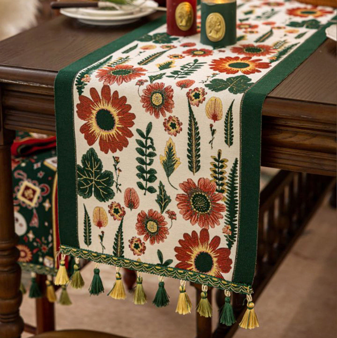 35x120cm Green Pastoral Table Runner - Spring Floral Oil Painting Style with Tassels