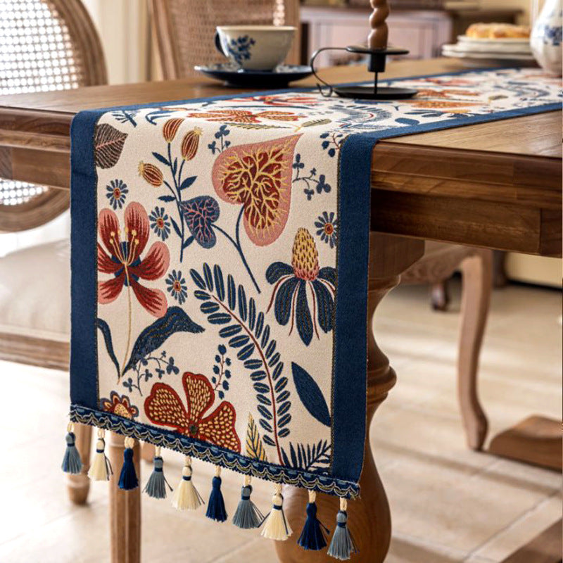 35x280cm Blue Pastoral Table Runner - Spring Floral Oil Painting Style with Tassels