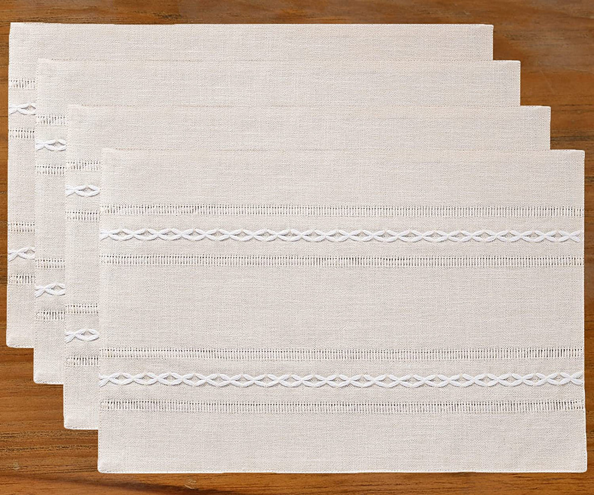 4 Pcs White Woven Placemats - Heat Resistant Kitchen Table Mats, Coffee Tea Cup Coasters, Linen Blend Dining Decor