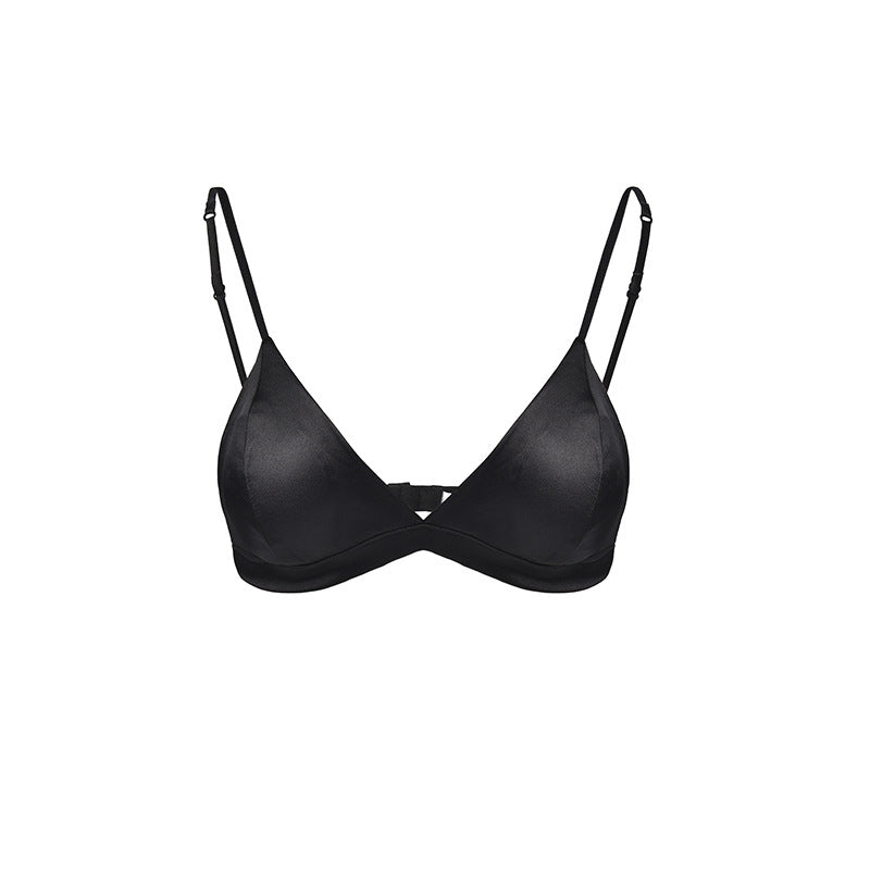 Size L Black French Style Mulberry Silk Wireless Bralette - Triangle Cup Anti-Sagging Bra for Fuller Busts, Lightweight Comfort