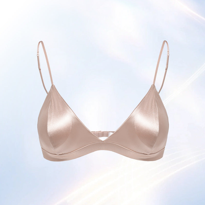 Size L Pink French Style Mulberry Silk Wireless Bralette - Triangle Cup Anti-Sagging Bra for Fuller Busts, Lightweight Comfort