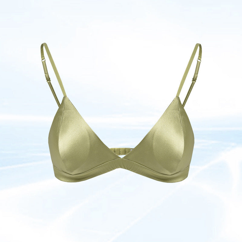Size M Green French Style Mulberry Silk Wireless Bralette - Triangle Cup Anti-Sagging Bra for Fuller Busts, Lightweight Comfort