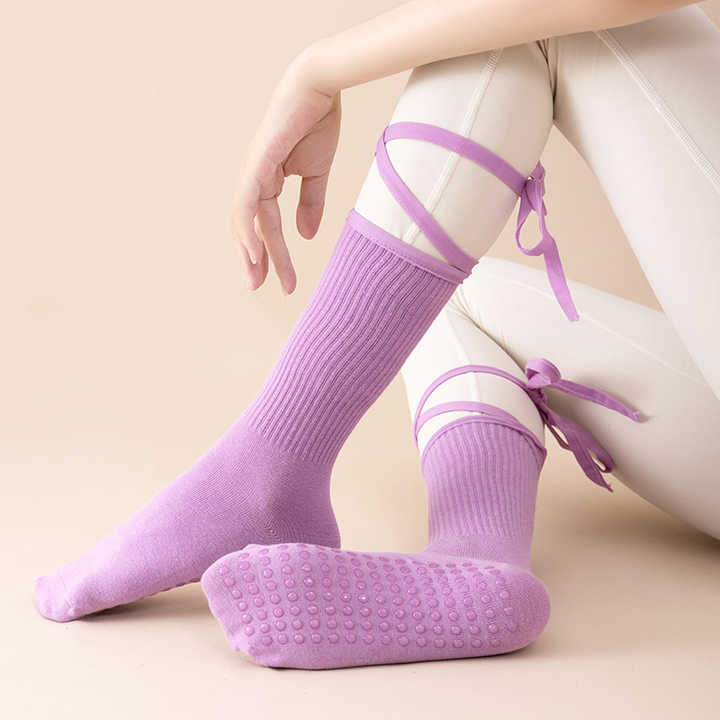 3 Pcs Purple Non-Slip Yoga Socks with Cross Straps - Cotton Pilates Dance Socks for Women, Lightweight Comfort