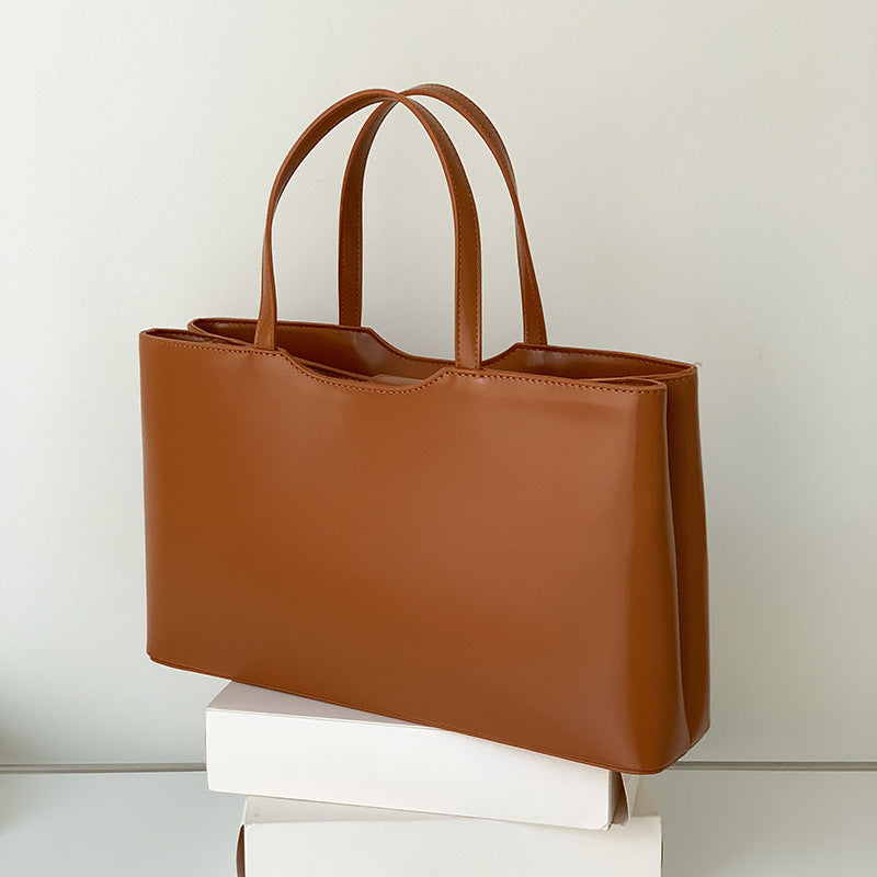 Brown Large Capacity Tote Bag - Minimalist PU Leather Handbag for Daily Commute