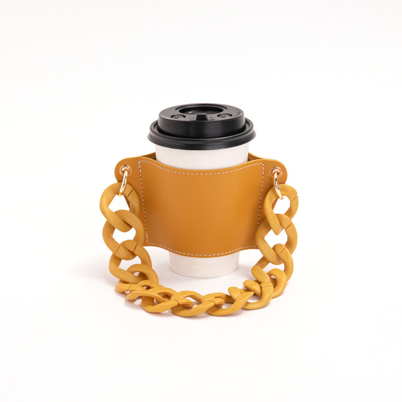 2 Pcs Yellow Detachable Chain Coffee Cup Sleeve - PU Leather Insulated Cup Holder with Handle, 16cm Top, 70g(Cup not included, only cup sleeve and chain)