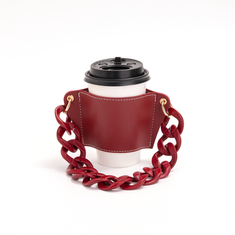 2 Pcs Red Detachable Chain Coffee Cup Sleeve - PU Leather Insulated Cup Holder with Handle, 16cm Top, 70g(Cup not included, only cup sleeve and chain)