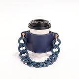 2 Pcs Dark Blue Detachable Chain Coffee Cup Sleeve - PU Leather Insulated Cup Holder with Handle, 16cm Top, 70g(Cup not included, only cup sleeve and chain)