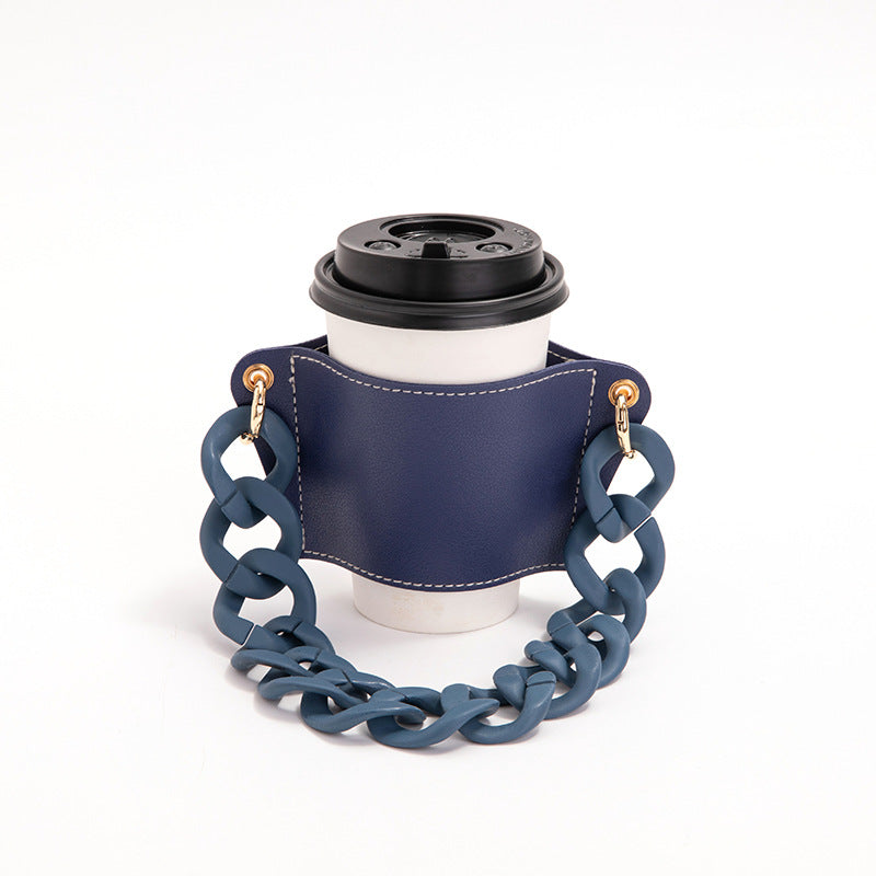 2 Pcs Dark Blue Detachable Chain Coffee Cup Sleeve - PU Leather Insulated Cup Holder with Handle, 16cm Top, 70g(Cup not included, only cup sleeve and chain)