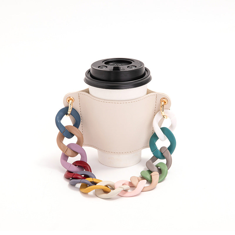 2 Pcs Beige And colored chain Detachable Chain Coffee Cup Sleeve - PU Leather Insulated Cup Holder with Handle, 16cm Top, 70g(Cup not included, only cup sleeve and chain)