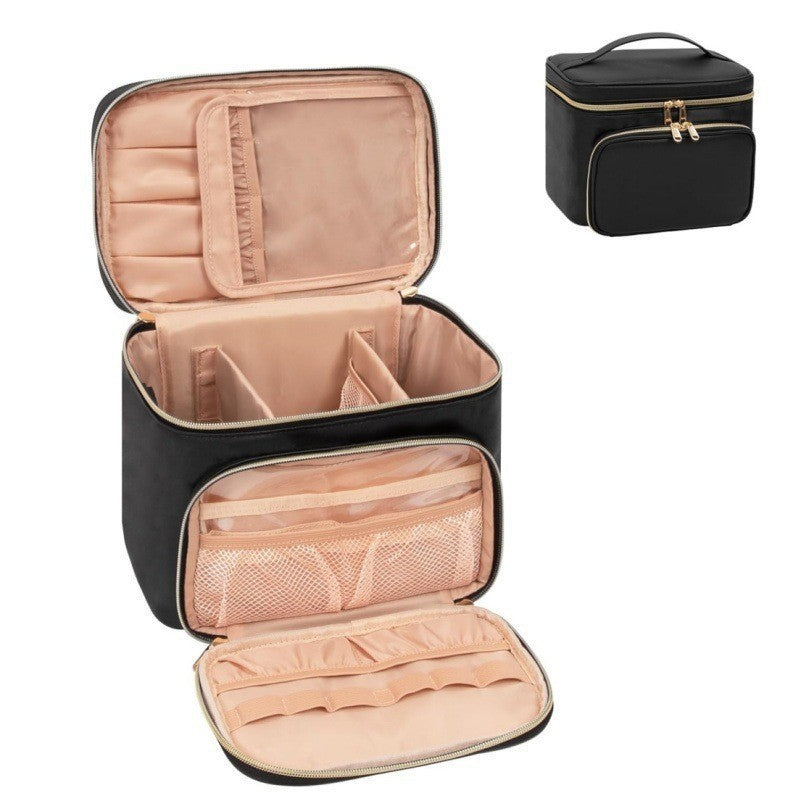 Black Portable Travel Makeup Bag with Brush Compartment - Stylish PU Leather Cosmetic Organizer for Skincare and Toiletry Storage