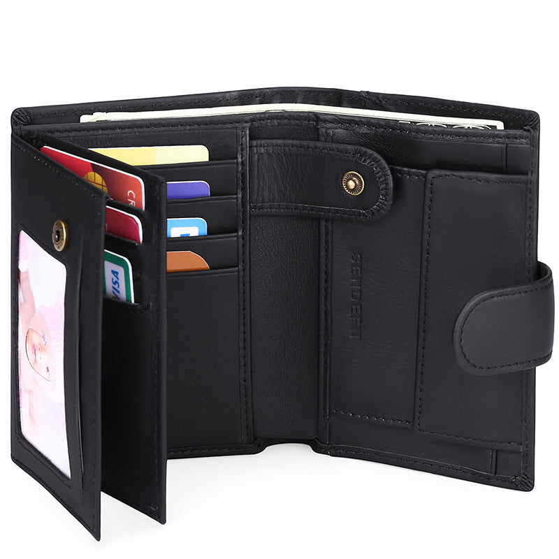 Black Men's Short Leather Wallet with RFID Protection - Genuine Cowhide Cardholder with Coin Pocket