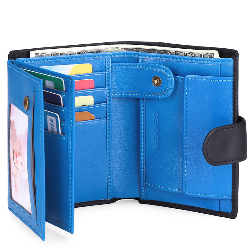Black And Blue Men's Short Leather Wallet with RFID Protection - Genuine Cowhide Cardholder with Coin Pocket