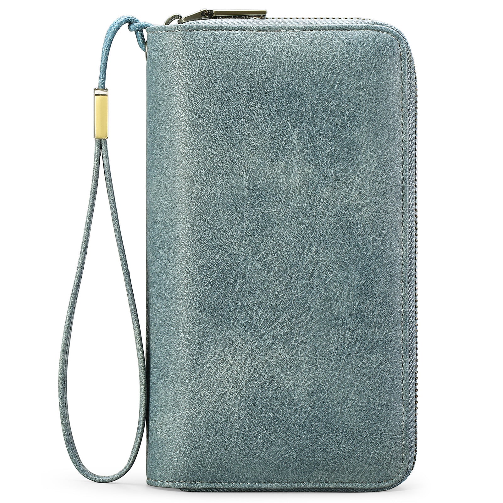 Blue Double Zipper Women's Wallet - Large Capacity Clutch Organizer with Wristlet Strap