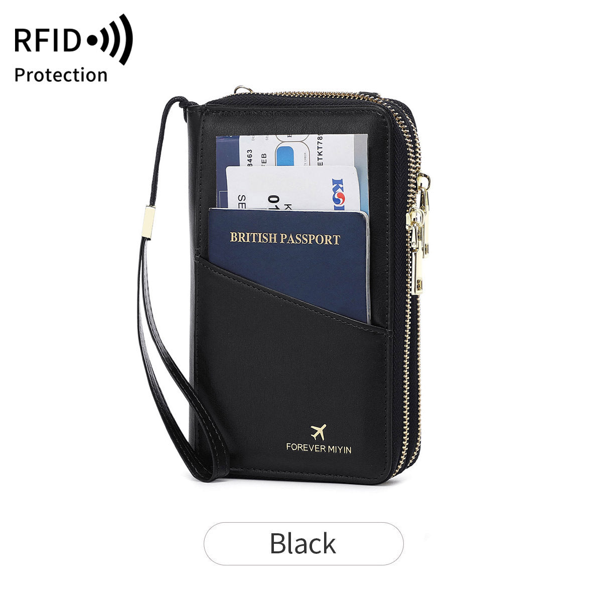 Black RFID Blocking Passport Wallet - Multi-Function Travel Organizer with Double Zipper and Crossbody Strap