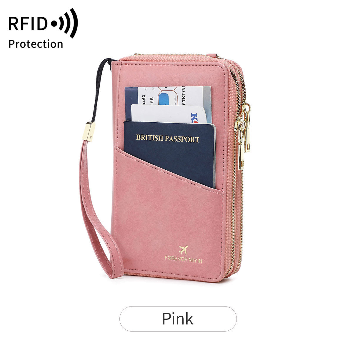 Pink RFID Blocking Passport Wallet - Multi-Function Travel Organizer with Double Zipper and Crossbody Strap
