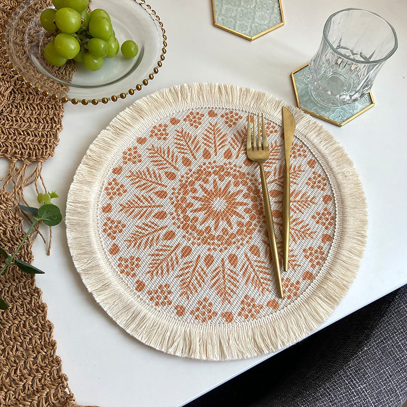 4 Pcs Beige and Orange Boho Chic Woven Cotton Placemat with Tassels - Nordic Bohemian Style(Tableware is a prop for shooting and is not included)