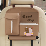 Brown Cute Cartoon Car Backseat Organizer with Multi-Pocket Storage and PP Trash Bin - 400g Lightweight PU Leather