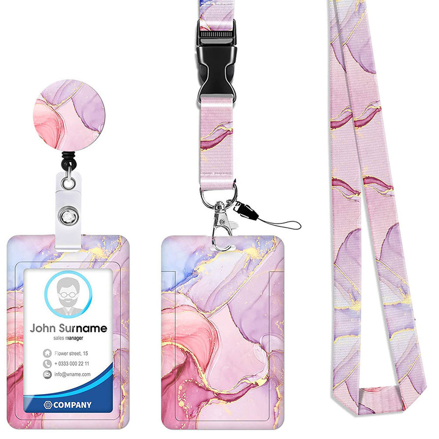 2 Pcs Pink Geometric Patterns Retractable Badge Reel & ID Card Holder Set with Lanyard - Durable ABS Plastic