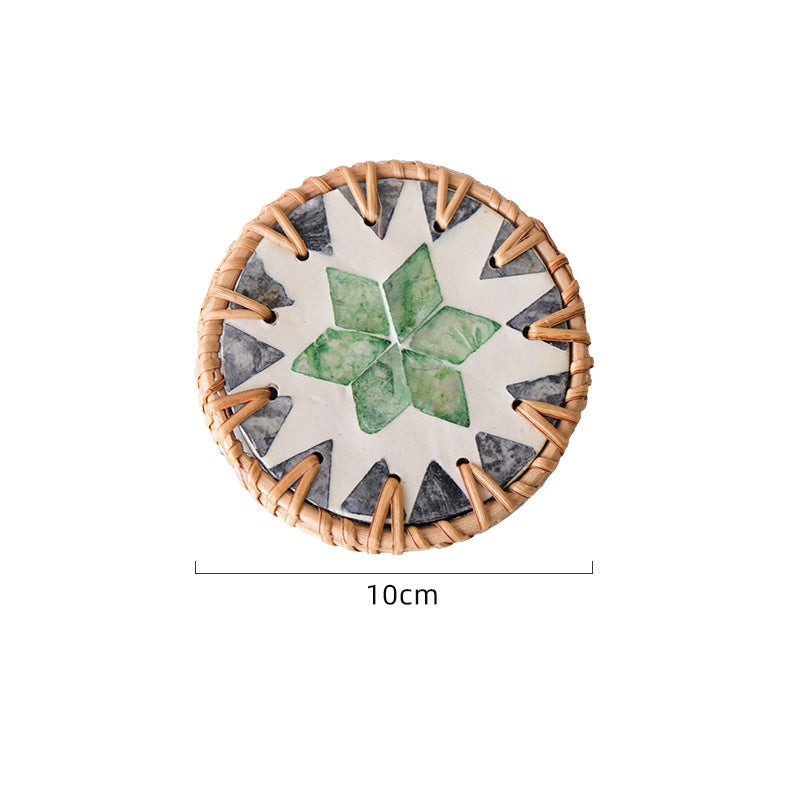 4 Pcs Beige Background With Green flower Handcrafted Rattan Coaster with Natural Shell Inlay - Decorative & Heat Insulating Drink Mat