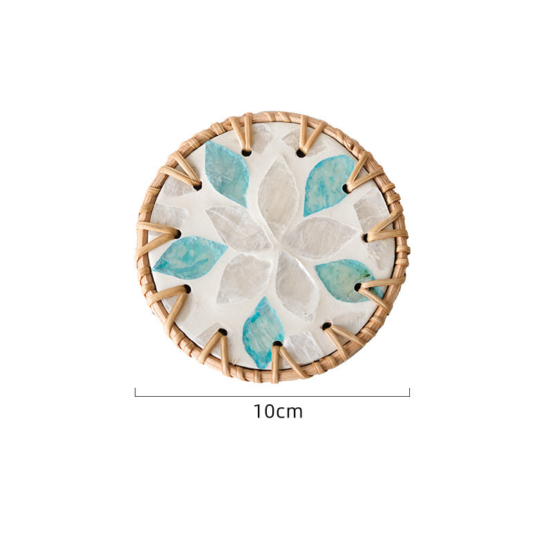 4 Pcs Beige Background With Blue and Grey flower Handcrafted Rattan Coaster with Natural Shell Inlay - Decorative & Heat Insulating Drink Mat