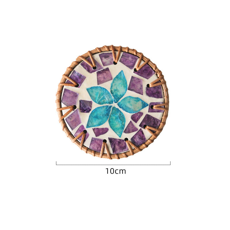 4 Pcs Beige Background With Blue and Purple flower Handcrafted Rattan Coaster with Natural Shell Inlay - Decorative & Heat Insulating Drink Mat