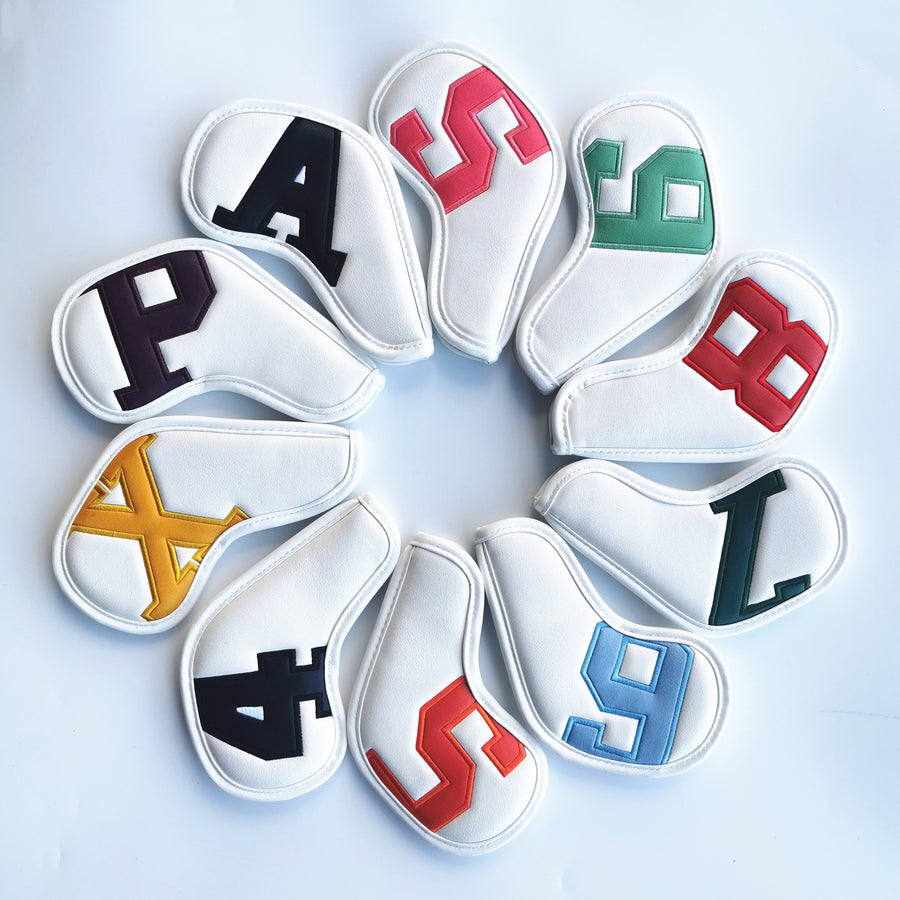 Colorful Words On White Background PU Leather Golf Iron Headcovers Set (10pcs) - Numbered Protective Club Covers (4-9, P, A, S, L) Universal Fit