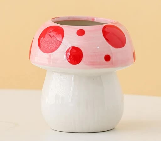 Pink And Red Adorable Ceramic Mushroom Desk Organizer - Cute Pen & Makeup Brush Holder
