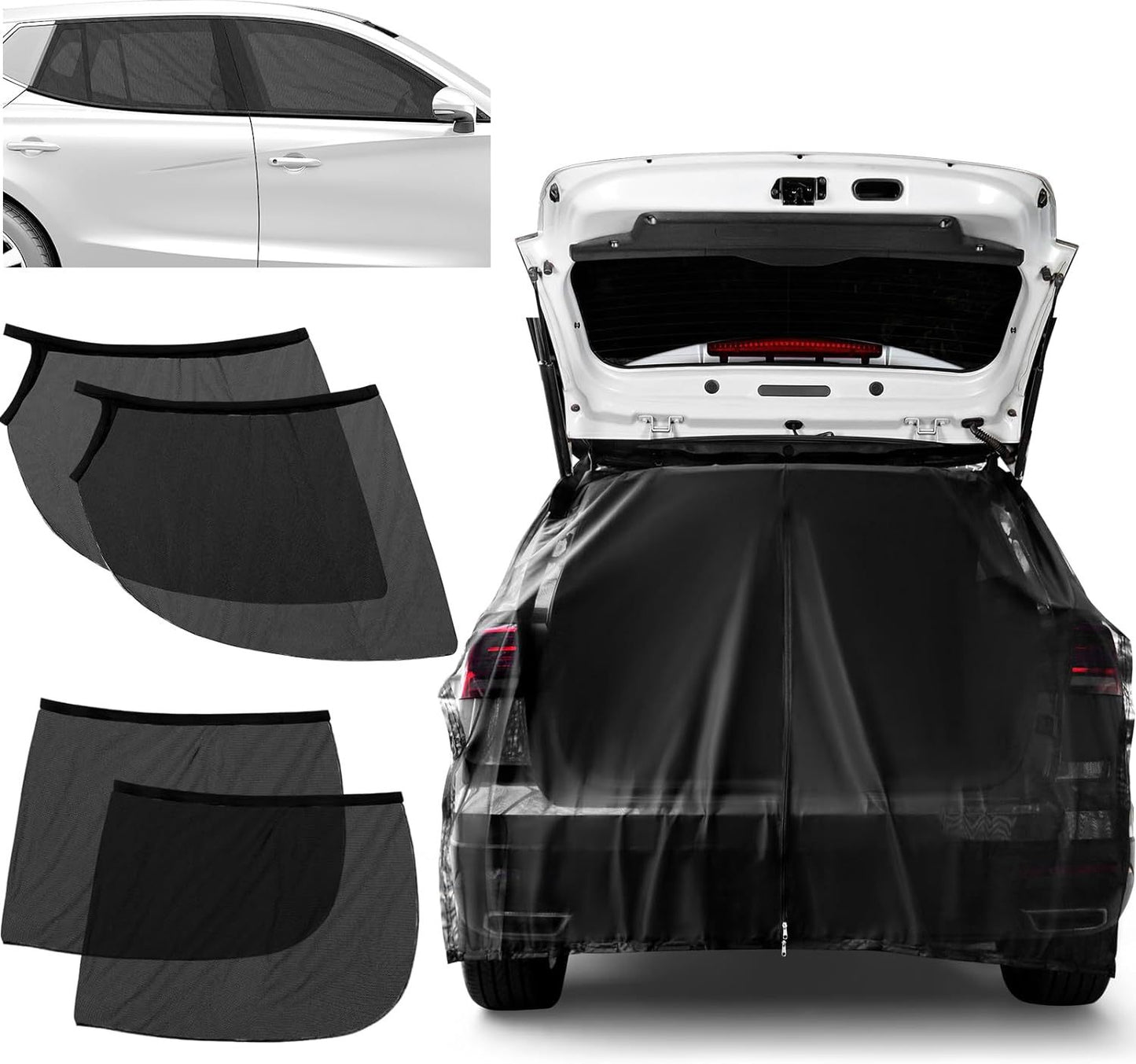 Size L Black Magnetic Car Window Sun Shade Screens & SUV Tailgate Mosquito Net Set - Breathable Bug Protection