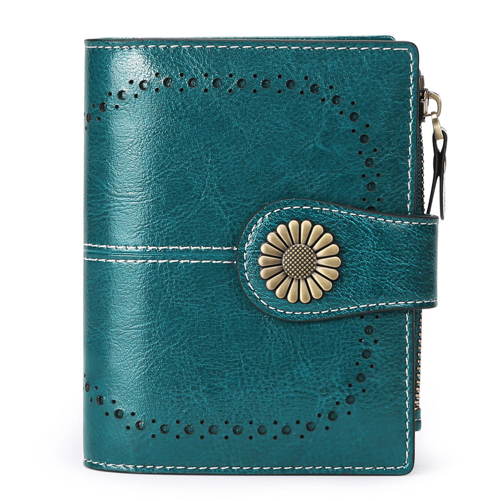 Peacock Blue (64 grain) Women's Short Leather Wallet - European Style Waxed Leather Coin Purse with Zipper Card Holder in Red