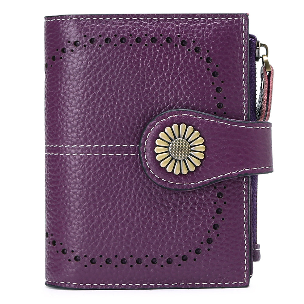 Purple (Wrestling) Women's Short Leather Wallet - European Style Waxed Leather Coin Purse with Zipper Card Holder in Red