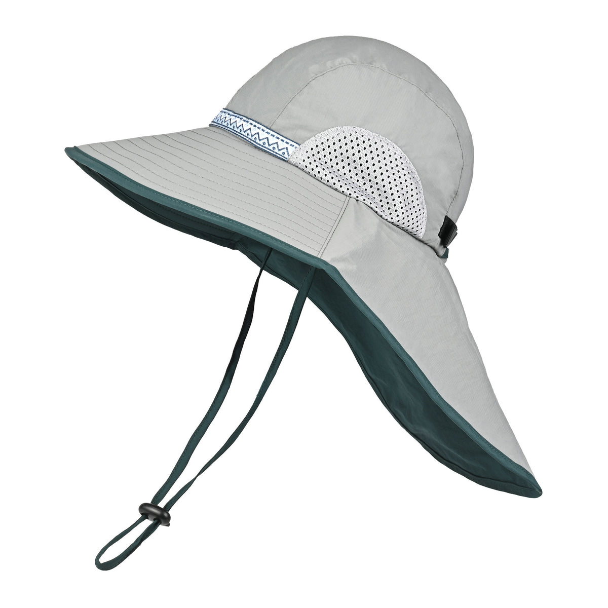 Grey Green Wide Brim Sun Hat with Cape - Foldable UV Protection - 10cm Brim 