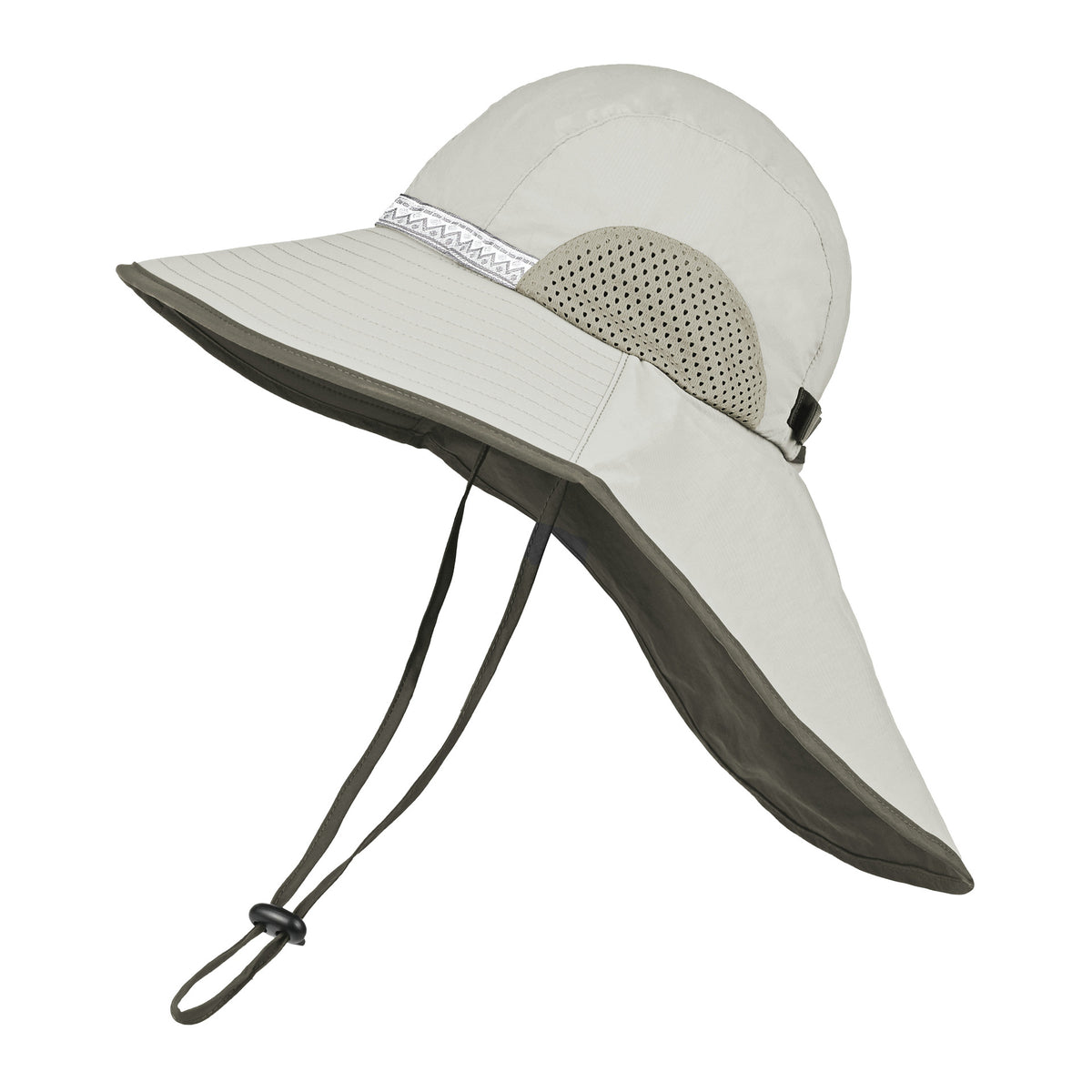 Beige (Beige webbing) Wide Brim Sun Hat with Cape - Foldable UV Protection - 10cm Brim