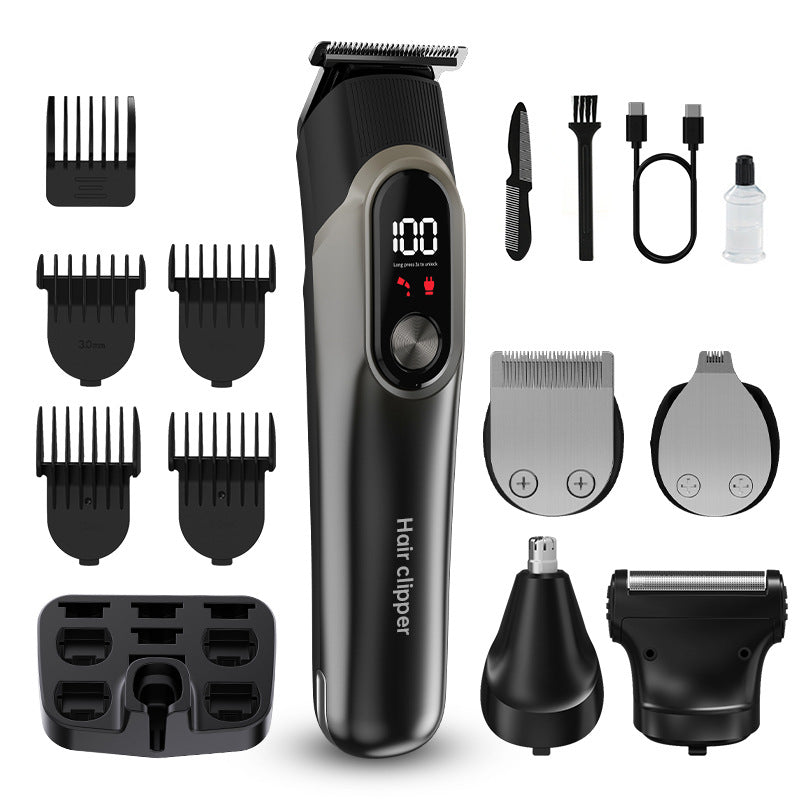 Grey 5-in-1 Digital Display Hair Clipper Set - Adjustable Multifunctional Trimmer for Hair, Beard, and Precision Grooming