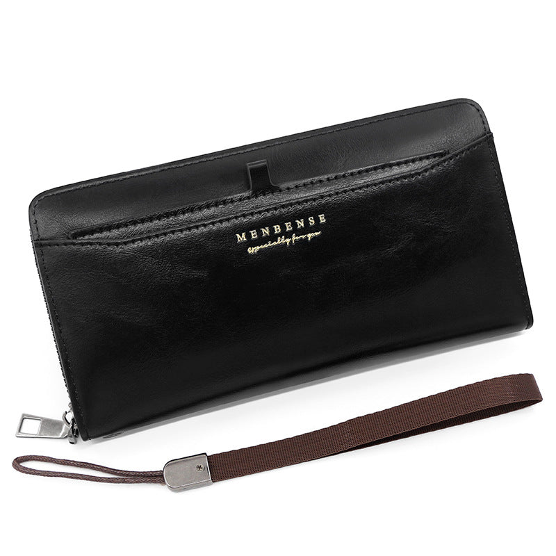 Black 2PCS Men's Premium Long Wallet - Business PU Leather Zip Around Card Holder with Multiple Slots & Pull-Tab Design